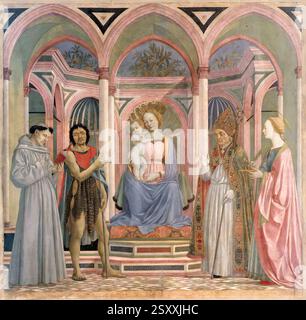 DOMENICO VENEZIANO (* ca. 1410, Venezia ?, d. 1461, Firenze ?) Die Madonna und das Kind mit den Heiligen um 1445 Tempera auf Holz, 209 x 216 cm Galleria degli Uffizien, Florenz das um 1445 signierte und datierte Werk stammt aus der Florentiner Kirche Santa Lucia dei Magnoli und zeigt die mit dem Kind thronende Madonna unter den Heiligen (von links nach rechts) Franziskus, Johannes der Täufer (dessen Gesicht das Selbstporträt des Malers ist), Zenobius und Lucy. Die Sacra Conversazione befindet sich in einer vollständig aus der Renaissance stammenden architektonischen Umgebung, wo die perspektivische Studie mit der Verkürzung o perfekt wird Stockfoto