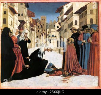 DOMENICO VENEZIANO (* ca. 1410, Venezia ?, d. 1461, Firenze ?) St. Zenobius führt ein Wunder (Predella 4) um 1445 Tempera auf Holz, 28 x 32 cm Fitzwilliam Museum, Cambridge der Magnoli Altarpiece hatte fünf Predella-Tafeln, die heute in den Museen von Washington, Cambridge und Berlin zu finden sind. Sie waren wahrscheinlich ursprünglich in der gleichen Reihenfolge angeordnet, in der die Heiligen in der Haupttafel erscheinen, das heißt: Die Stigmatisierung von St. Francis, St. John in the Wilderness (beide in der National Gallery, Washington), Verkündigung, St. Zenobius Performances a Miracle (im Fitzwilliam Museum, Cambridge) und The M Stockfoto