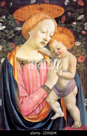 DOMENICO VENEZIANO (* ca. 1410, Venezia ?, d. 1461, Firenze ?) Madonna und Kind nach 1447 Tempera auf Holz, 83 x 57 cm National Gallery of Art, Washington die Madonna und das Kind in Washington und die Heiligen John der Täufer und Franziskus im Santa Croce Museum in Florenz gehören beide zu Domenico Spätzeit und sind stilistisch eng mit dem Magnoli Altarstück verwandt. Die Washington Madonna ist die gleiche elegante und sanfte Figur, die typisch für alle weiblichen Charaktere Venezianos ist. Der Hintergrund wird von einer blühenden Hecke aufgegriffen, ein Motiv, das zu dieser Zeit in m recht verbreitet war Stockfoto