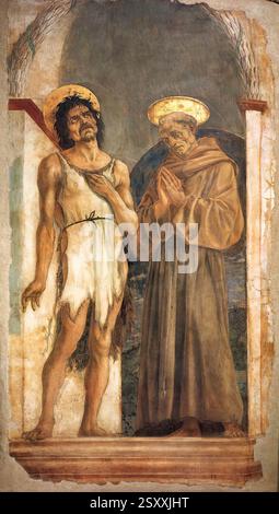 DOMENICO VENEZIANO (* ca. 1410, Venezia ?, d. 1461, Firenze ?) St. Johannes der Täufer und St. Franziskus 1454 freistehendes Fresko, 190 x 115 cm Museo dell'Opera di Santa Croce, Florenz die Entwicklung des Stils Domenico Veneziano nach dem Magnoli-Altar zeigt sich im Fresko Santa Croce, dem letzten bekannten Gemälde des Künstlers, Heiligen Johannes des Täufers und Franziskus. Ursprünglich in der Cavalcanti-Kapelle, neben dem Chor in der Kirche Santa Croce, wurde das Fresko 1566 von der Mauer entfernt, als der Chor im Rahmen des Modernisierungsprojekts von Vasari abgerissen wurde. Im Jahr 1954 für den Stockfoto