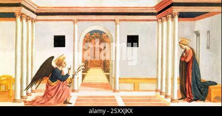 DOMENICO VENEZIANO (* ca. 1410, Venezia ?, d. 1461, Firenze ?) Verkündigung (Predella 3) um 1445 Tempera auf Holz, 27 x 54 cm Fitzwilliam Museum, Cambridge der Magnoli Altar hatte fünf Predella-Tafeln, die heute in den Museen von Washington, Cambridge und Berlin zu finden sind. Sie waren wahrscheinlich ursprünglich in der gleichen Reihenfolge angeordnet, in der die Heiligen in der Haupttafel erscheinen, das heißt: Die Stigmatisierung von St. Franziskus, St. John in der Wildnis (beide in der National Gallery, Washington), Verkündigung, St. Zenobius Performances a Miracle (im Fitzwilliam Museum, Cambridge) und das Martyrium von St. Luc Stockfoto