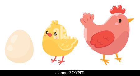 Ei, Huhn und ausgewachsenes Huhn. Vektorabbildung in abgewickelter Form. Stock Vektor