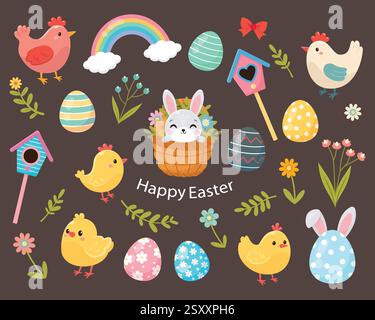 Ostern Illustrationsset. Ostertraditionen. Symbole der Feder. Vektorabbildung in abgewickelter Form. Stock Vektor