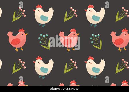 Ein Muster von Hühnern und Blumen. Vektorabbildung in abgewickelter Form. Stock Vektor