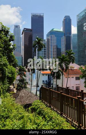 Skyline von Singapur vom Ann Siang Hill Park in Chinatown aus gesehen. Grünanlagen der Stadt. Stockfoto