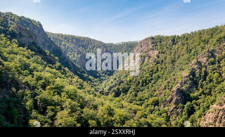 Der Hexentanzplatz im Geremaner Harz bietet einen herrlichen Blick auf das tief eingeschnittene Bode Valley. Stockfoto
