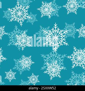 Nahtloses Wintermuster mit weißen Schneeflocken auf farbigem Hintergrund. Vektor-Illustration für Stoff, Textiltapete, Poster, Geschenkverpackungspapier Stock Vektor