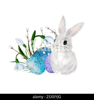 Osterkomposition mit weißem Kaninchen, bunten Eiern, Schneeglöckchenblumen und Weidenweben Stockfoto