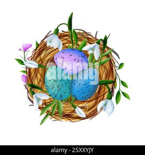 Osterkomposition mit Nest, bunten Eiern, Schneeglöckchenblumen, Weidenreben, grünen Zweigen Stockfoto