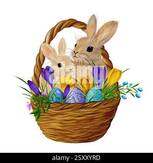 Osterkomposition im Korb mit Kaninchen, bunten Eiern, Krokusblüten und grünen Zweigen Stockfoto