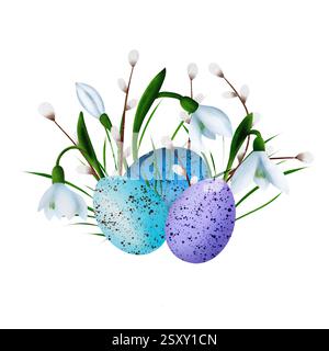 Osterkomposition mit bunten Eiern, Schneeglöckchenblumen und Weidenreben. Aquarell Stockfoto