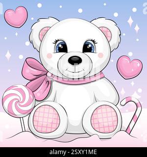 Der süße weiße Cartoon-Bär trägt eine rosa Schleife. Vektorillustration auf blauem und rosa Hintergrund. Stock Vektor