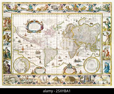 17. Jahrhundert Vintage Weltkarte, 'Eine neue geographische und hydrographische Karte der ganzen Welt' von Willem Janszoon Blaeu & Josua van den Ende, um 1635 Stockfoto