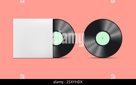 Realistische Vintage-Schallplatten mit Etikett und Schatten, in Box und separat, isoliert auf weißem Hintergrund. Vektor-3D-Illustration. Stock Vektor