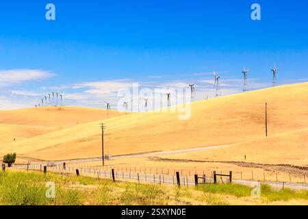 Feld mit einer Straße und einem Zaun. Im Hintergrund befinden sich viele Windmühlen. Eine Person läuft auf der Straße Stockfoto