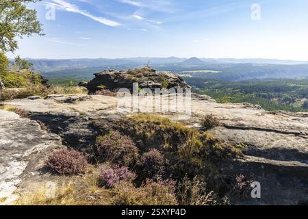 Vom Großen Zschirnstein, Blick nach Osten auf den Rosenberg, Reinhardtsdorf-Schoena, Sächsische Schweiz, Sachsen, Deutschland, Europa Stockfoto