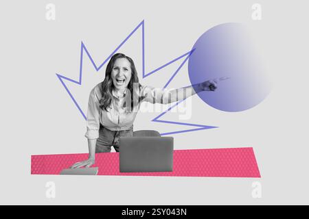 Composite Art 3D kreative Image Collage der wütenden alten Frau Chef zeigen Kündigungskonzept Stand Laptop Zubehör Arbeitsplatz Stockfoto