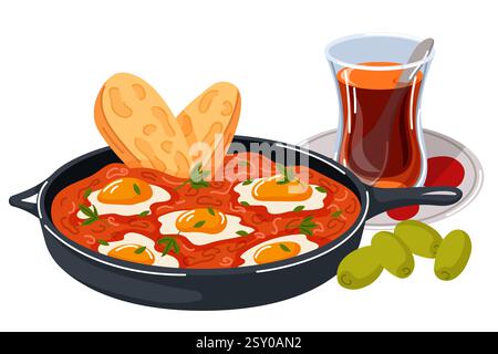 Traditionelles türkisches Frühstück mit Menemen, Brot, Oliven und Tee im Cartoon-Stil. Köstliche Kombination aus Ei, Tomaten und Gewürzen, serviert in der Pfanne Stock Vektor