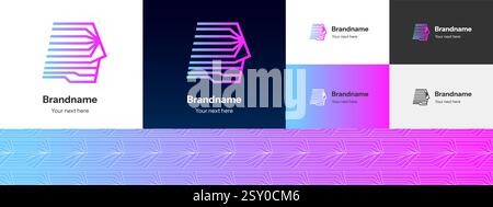 Logo für linearen AI-Kopf. Minimalistische Umrissabzeichen, die menschliches Gesicht mit künstlicher Intelligenz verschmelzen. Symbol für maschinelles Lernen, Robotik, Automatisierung und Innovation. Modernes, abstraktes und futuristisches Design. Stock Vektor