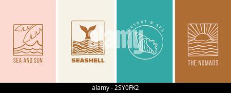 Handgezeichnete lineare Logos, Symbole und Symbole, Meer, Meer, Strand und Surfen. Design-Vorlagen für Sonne, Muschel und Handfläche, geometrische abstrakte Designelemente Stock Vektor