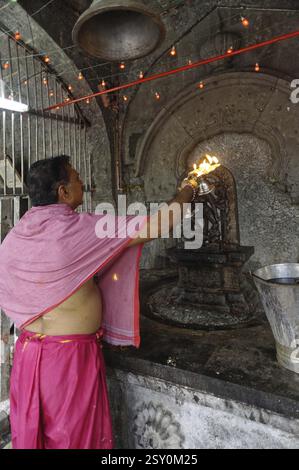 Priester spielt Puja von kali, Mallikarjuna Tempel, Solapur, maharashtra, Indien, Asien Stockfoto