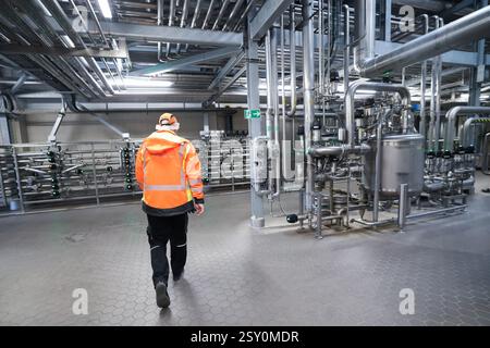 Hamburg, Deutschland. Februar 2025. Ein Mitarbeiter geht durch die Produktionsstätte der Holsten Brauerei im Hamburger Stadtteil Hausbruch. Quelle: Christian Charisius/dpa/Alamy Live News Stockfoto