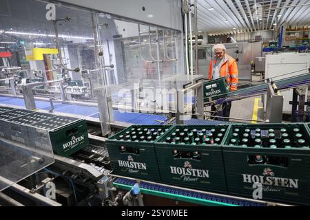 Hamburg, Deutschland. Februar 2025. Das Bier der Marke Holsten wird in der Produktion der Holsten Brauerei im Hamburger Stadtteil Hausbruch gebraut, abgefüllt und verpackt. Quelle: Christian Charisius/dpa/Alamy Live News Stockfoto