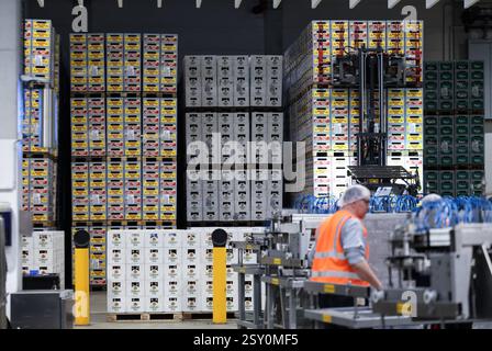 Hamburg, Deutschland. Februar 2025. Mitarbeiter in einem Lager für Vollprodukte auf dem Gelände der Brauerei Holsten im Hamburger Stadtteil Hausbruch. Quelle: Christian Charisius/dpa/Alamy Live News Stockfoto