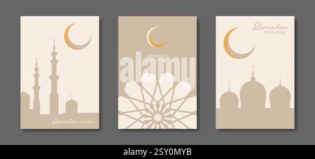Ramadan Mubarak Vektorset Karte A4. Weihnachtsplakate mit Text, islamischem Symbol, Mondsichel und Moschee. Konzept muslimische Religion Vektor Banner, Flyer, Stock Vektor