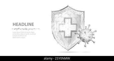 Mit Kreuz und Virus abschirmen. Abstrakter Vektor 3D virale Mikrobe auf Schild. Stock Vektor