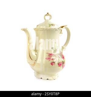 Elegante Vintage Porzellan Kaffeekanne isoliert auf weißem Hintergrund. Stockfoto