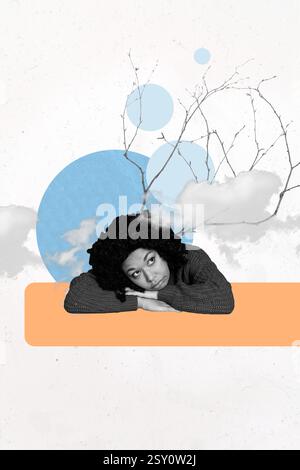 Skizze Design Trend Artwork Poster 3D Foto Collage der jungen Dame liegend Tisch denken Holzstäbchen unbeschwert Gelegenheit Nacht Clubber Wochenende Stockfoto