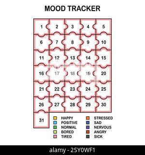 Stimmungs-Tracker in Pixel. Kalender monatlich, jährlich, wöchentlich, tagtäglich. Kalender für persönliche und geschäftliche Probleme. Gefühlsplaner, Gewohnheitstracker Stock Vektor