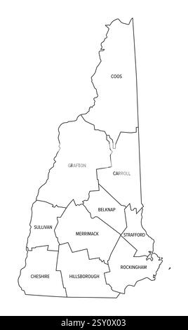 Bundesstaat New Hampshire unterteilt in 10 Countys, Umrisskarte. Bundesstaat in der Region New England im Nordosten der Vereinigten Staaten. Stockfoto