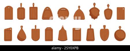 Cartoon Schneidebretter aus Holz. Verschiedene Formen Öko-Schneideplatten, Küchenzubehör zum Schneiden von Lebensmitteln, strukturierte Schreibtische, leeres natürliches Küchengeschirr n Stock Vektor
