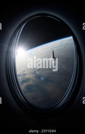 Blick vom Bullauge auf Space Shuttle Start Mission. Elemente dieses Bildes, bereitgestellt von der NASA. Stockfoto