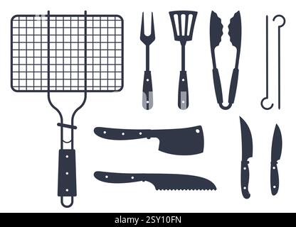 Silhouettenset für Grillwerkzeuge. Schwarze Silhouette. Kochgerät für Fleisch. Grillausrüstung, verschiedene Messer, Spachtel und Gabel, Zubehörsatz Symbol. BBQ Stock Vektor