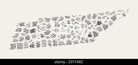 Tennessee Word Cloud. Bundesland mit Bezirksabteilung. Tennessee typografischer Text Wolken Vektor-Bilddesign. Statusbild im Vintage gazette-Stil. Stock Vektor