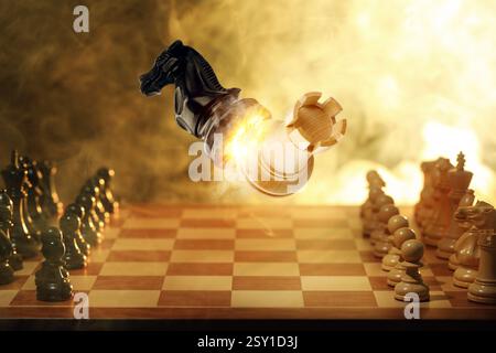 Schachspiel. Schwarzer Ritter schlägt weißen Turm in der Luft über dem Schachbrett Stockfoto