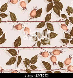 Wilde Rosenblüten Zeichnung und Zeichnung mit Pointillismus. Vintage-Muster von Zweigen mit Hagebuttenfrüchten und Blättern. Stock Vektor