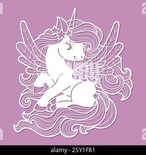 Einhorn mit Flügeln. Schablone zum Laserschneiden von Papier, Karton, Holz, Metall. Flaches Design. Für die Gestaltung von Postkarten, Schablonen, Spielzeug, Siebdruck PR Stock Vektor
