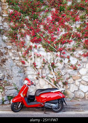 Roter Roller, roter Bougainvillea-Betrieb Amalfi SALERNO, Italien - 1. Juni 2015: Ein roter Roller parkt am Straßenrand an der berühmten Amalfiküste. Dahinter befinden sich eine Felsmauer und Felsen, auf denen sich eine wunderbare Bougainvillea-Pflanze im gleichen Rotton des Rollers erstreckt. Salerno SA Italien Copyright: XGennaroxLeonardixPhotographyx Stockfoto