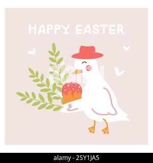 Ostern Vektor Illustration mit einem niedlichen Gänsecharakter, der ein Geschenk für den Feiertag trägt, einen Kuchen mit Glasur und Frühlingsgrünen Zweigen von Pflanzen. Ein Satz von Elementen für die Gestaltung von Bannern und Postkarten Stock Vektor