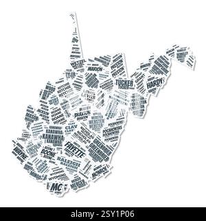 West Virginia Form Textwolke. Staatsgrenze mit Schatten auf weißem Hintergrund. West Virginia mit Countys im Vintage-gazette-Stil. Stock Vektor