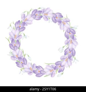 Schneeglöckchen und Krokusse runder Rahmen isoliert auf weiß. Violette und weiße Frühlingsblumen mit grünen Blättern. Handgezeichnete Komposition im Aquarellstil Stockfoto