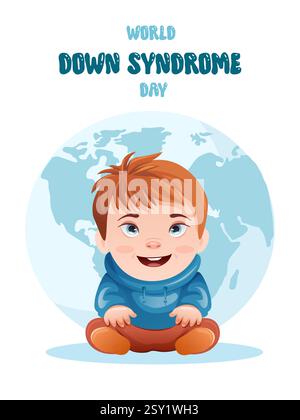 World Down Syndrome Day. Cartoon ein süßer lächelnder Junge mit Down-Syndrom. Stock Vektor