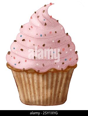 Süße Cupcake-Illustration. Wasserfarben Bäckerei-Muffin mit Topf. Stockfoto