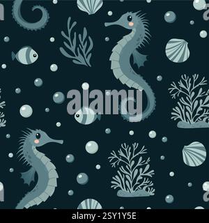 Nahtloses Meeresmuster mit Seepferdchen, Fisch, Algen und Muscheln im flachen Stil. Digitales Papier im Ozean. Nautische Unterwasser-Scrapbooking, Hintergrund, Druck. Hand Stock Vektor