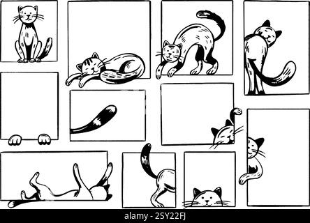 Katzen im Rahmen. Einfache handgezeichnete Kätzchen in Fenstern. Kindliche Zeichenkatze, Banner mit Haustieren. Tiere ruhen sich aus, spielen, schlafen, kritzeln neoterisch Stock Vektor