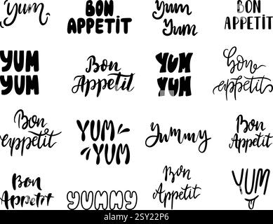 Bon Appetit Schriftzug. Yum Yum Yum Doodle Text, handschriftliches Design. Aufkleber mit leckeren Lebensmitteln für Menüs, Banner, Karten, Verpackungen. Dekorativer neoterischer Vektor Stock Vektor